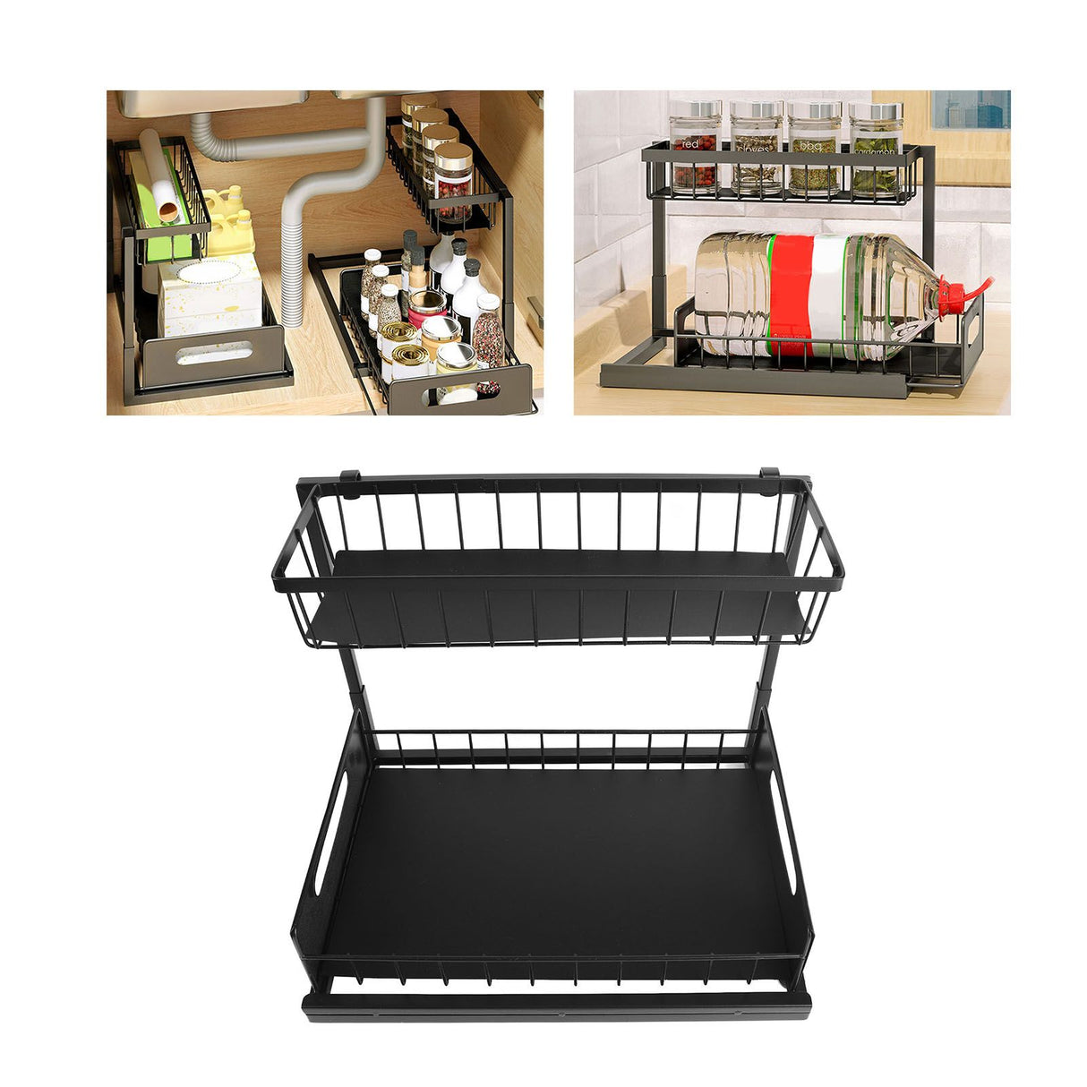 Under Sink Organizer L Shape 2 Tier Slide Out Sink Shelf for Under Kitchen Bathroom Sink Organizers and Storage Black