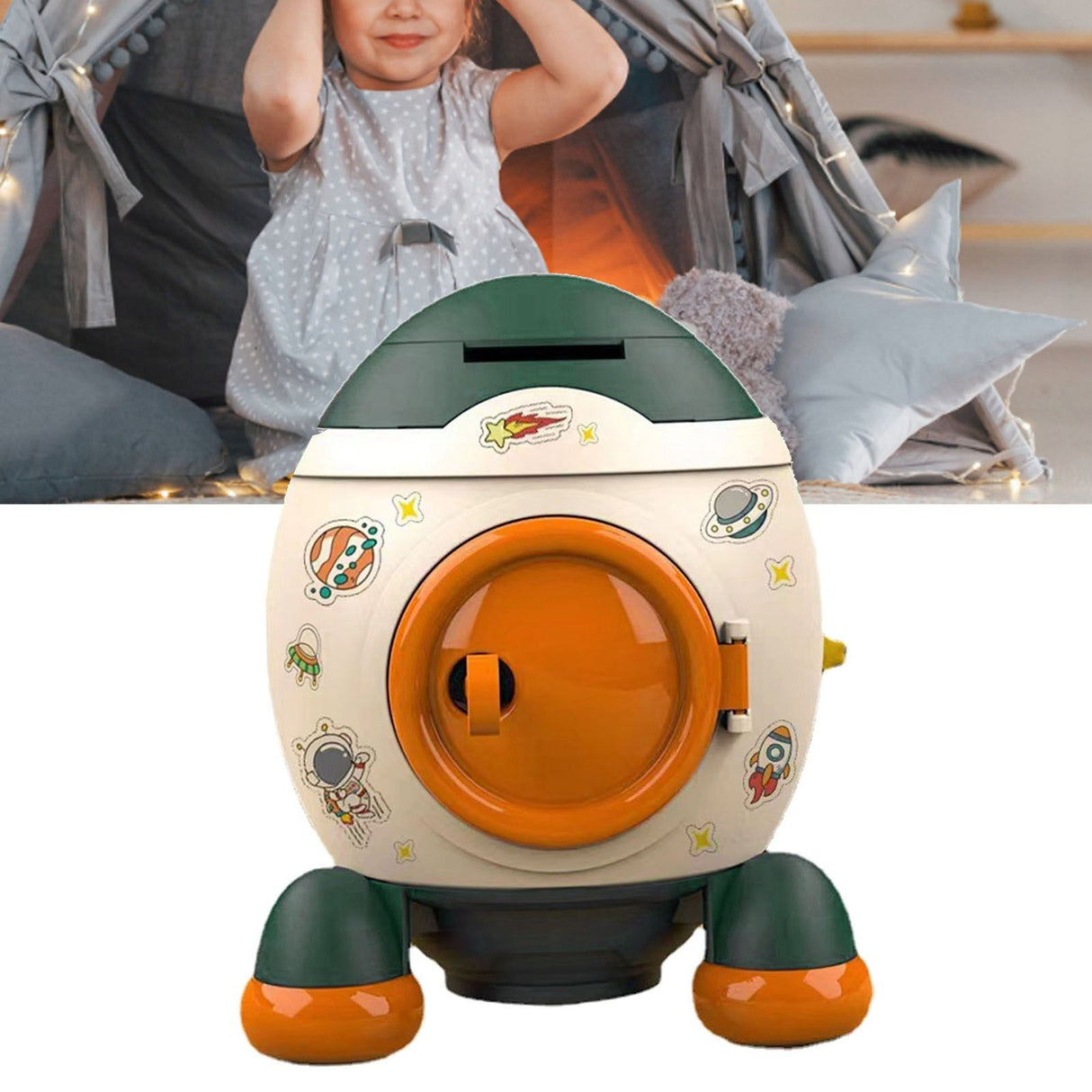 Cartoon Style Space Rocket Piggy Bank Money Bank Money Saving Jar Boys Girls Gift Morandi Green