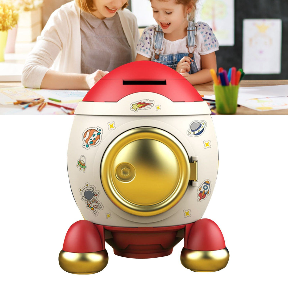 Cartoon Style Space Rocket Piggy Bank Money Bank Money Saving Jar Boys Girls Gift Romantic Pink Gold