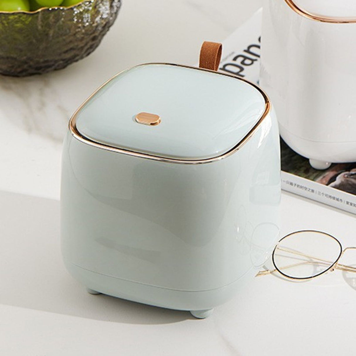 Push Type Desktop Trash Bin with Lid Fashionable Double Layer Large Opening Garbage Container for Living Room Light Green