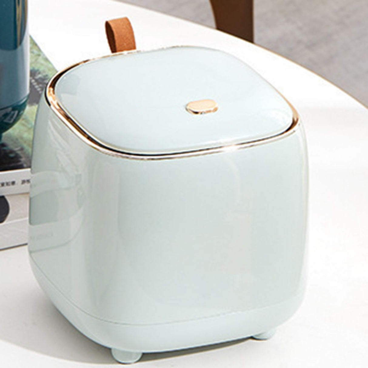 Push Type Desktop Trash Bin with Lid Fashionable Double Layer Large Opening Garbage Container for Living Room Light Green
