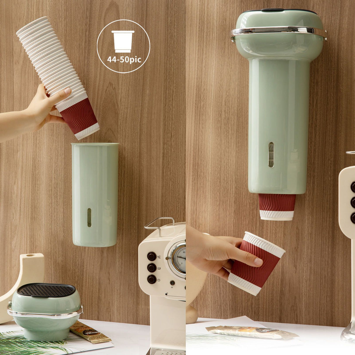 Paper Cup Dispenser Wall Mounted Multifunctional Large Capacity Universal Pull Type Cup Holder with Portable Handle Green