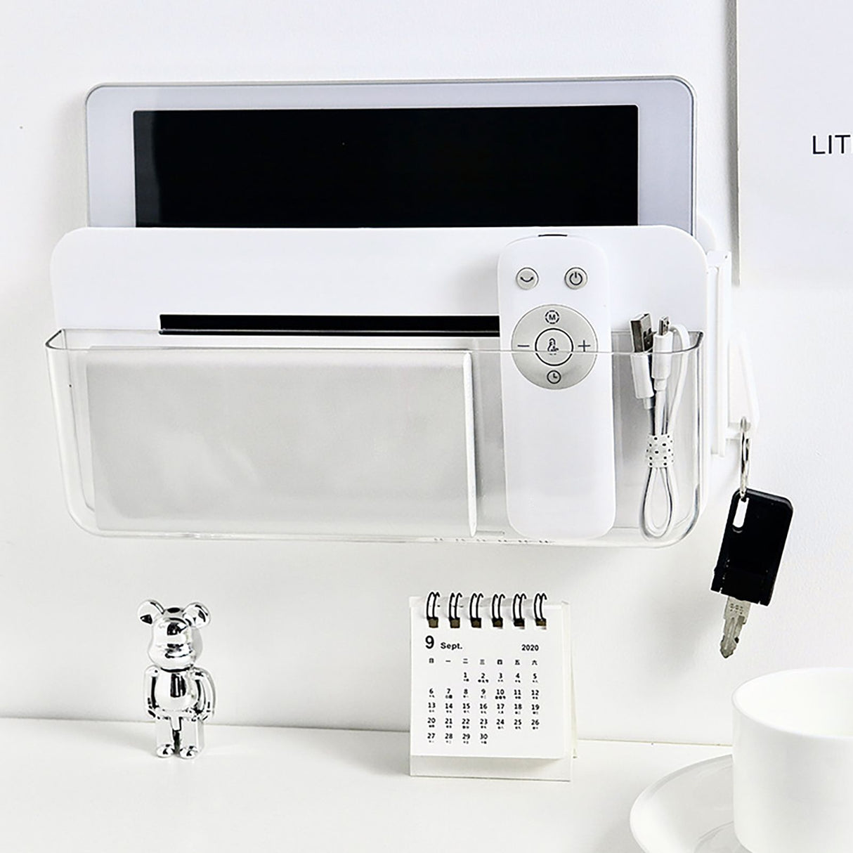 Multifunctional Clear Wall Mount Remote Control Holder Mobile Phone Charging Stationery Cosmetics Wall Storage Rack L Transparent