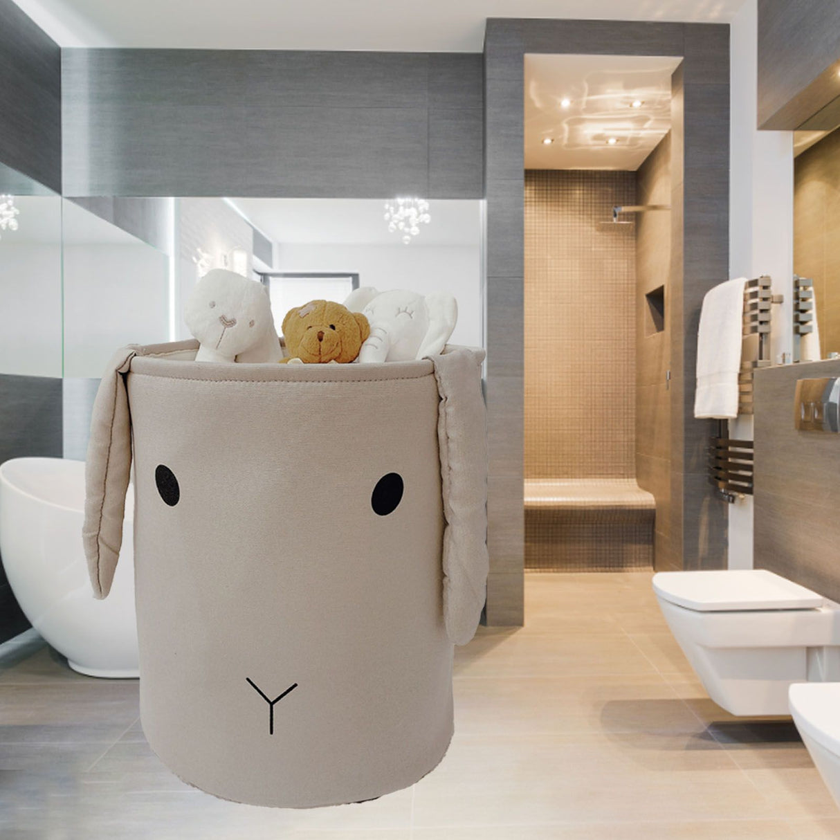 Fabric Storage Basket Collapsible Waterproof Cartoon Canvas Toy Organizer Laundry Basket for Playroom Bedroom Gray Rabbit Three Layers Thickened 35x40cm / 13.8x15.7in