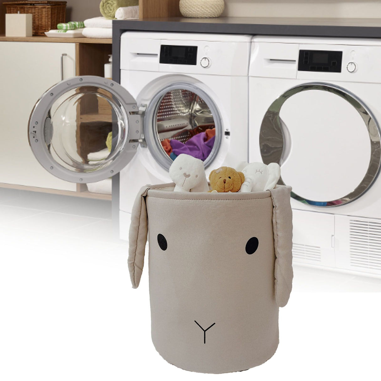 Fabric Storage Basket Collapsible Waterproof Cartoon Canvas Toy Organizer Laundry Basket for Playroom Bedroom Gray Rabbit Three Layers Thickened 35x40cm / 13.8x15.7in