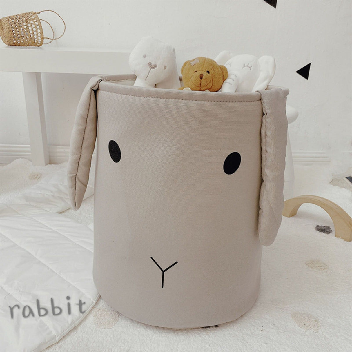 Fabric Storage Basket Collapsible Waterproof Cartoon Canvas Toy Organizer Laundry Basket for Playroom Bedroom Gray Rabbit Three Layers Thickened 35x40cm / 13.8x15.7in