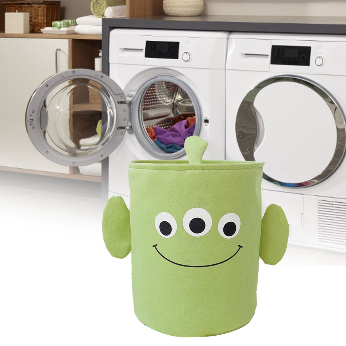 Fabric Storage Basket Collapsible Waterproof Cartoon Canvas Toy Organizer Laundry Basket for Playroom Bedroom Green Monster Three Layers Thickened 35x40cm / 13.8x15.7in