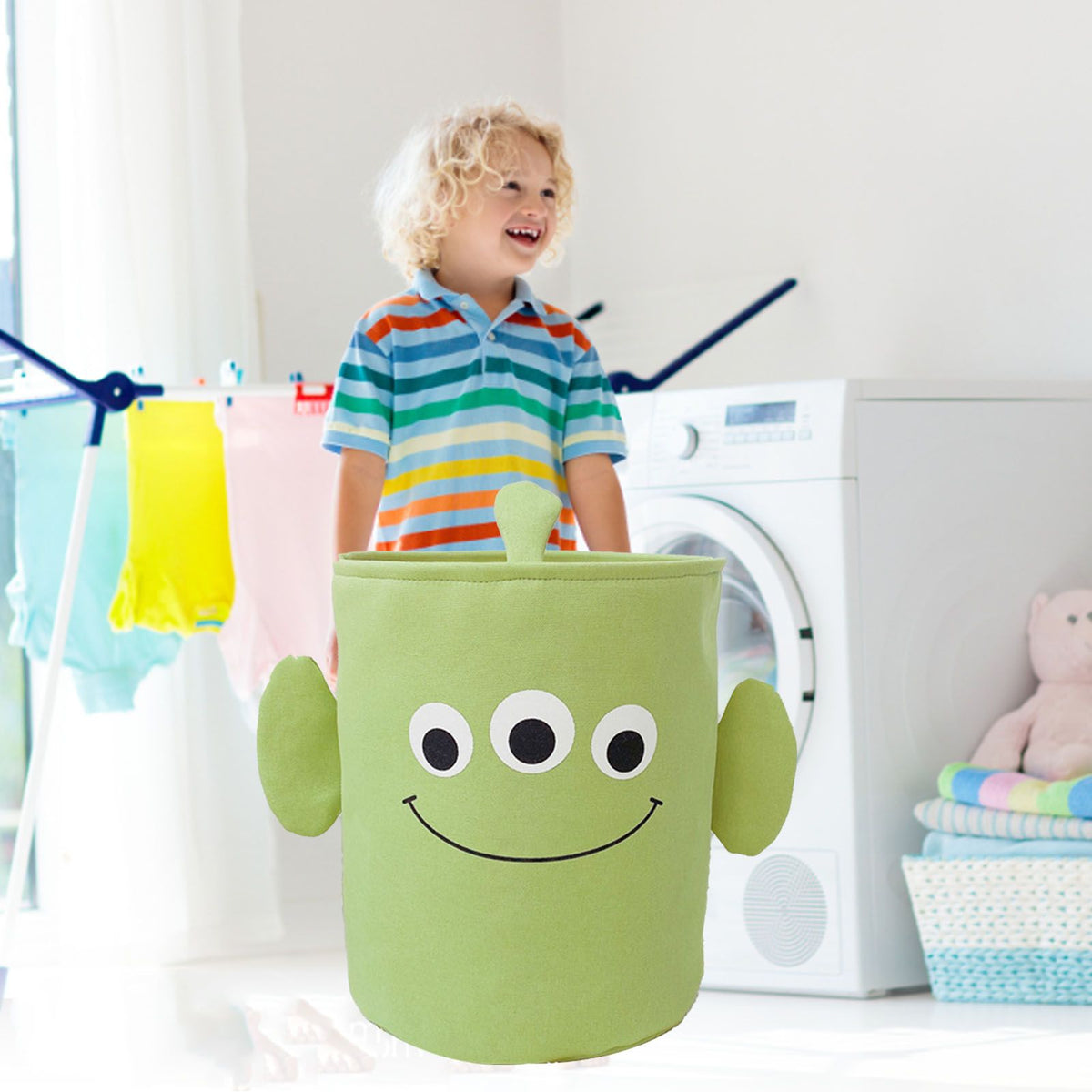 Fabric Storage Basket Collapsible Waterproof Cartoon Canvas Toy Organizer Laundry Basket for Playroom Bedroom Green Monster Three Layers Thickened 35x40cm / 13.8x15.7in