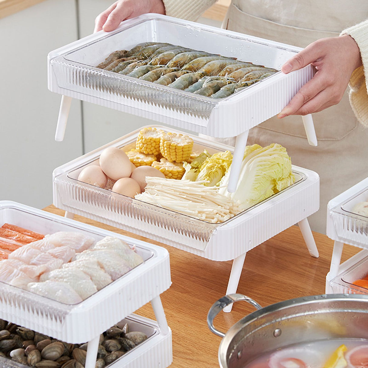 Food Preparation Plate Stackable Foldable Double Layer Hollow Drainage Hot Pot Serving Tray for Kitchen L