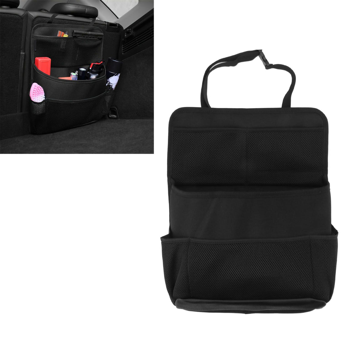 Car Back Seat Storage Bag with Strap Oxford Cloth PU Leather Muti Pocket Auto Backseat Holder