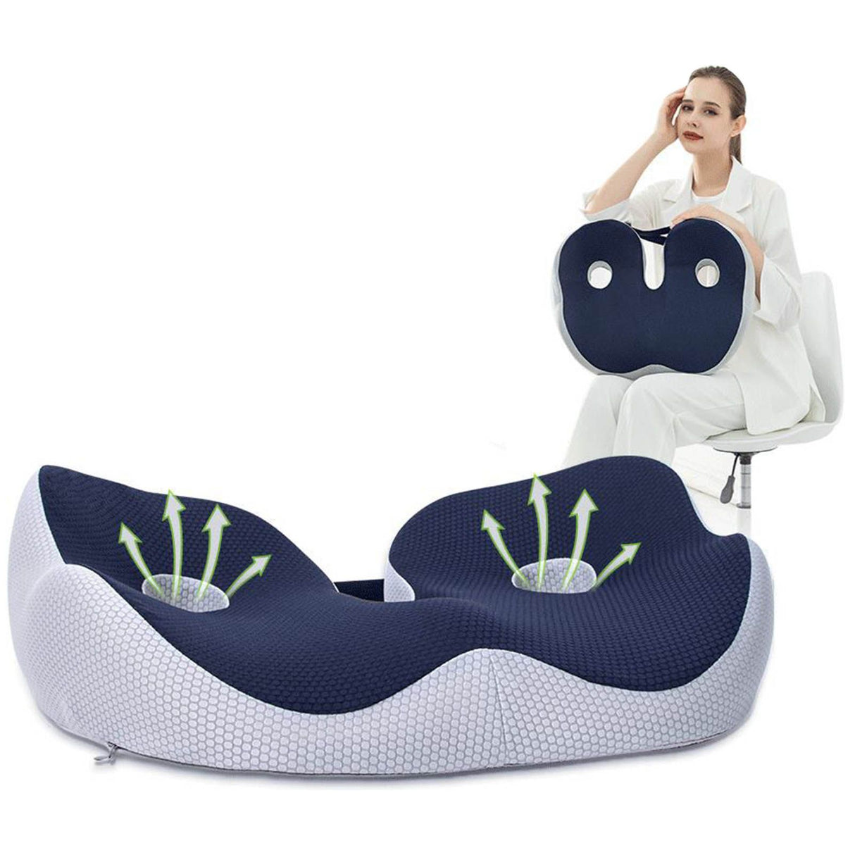 Seating Cushion Soft Comfortable Breathable Buckle Curved Chair Cushion for Office Working Dark Blue 48x39x14cm/18.9x15.4x5.5in(Approx.)