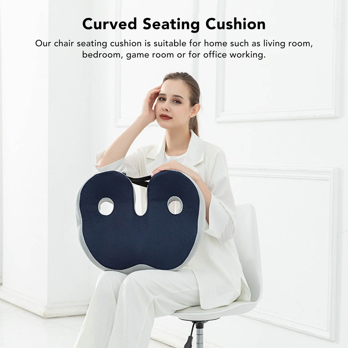 Seating Cushion Soft Comfortable Breathable Buckle Curved Chair Cushion for Office Working Dark Blue 48x39x14cm/18.9x15.4x5.5in(Approx.)