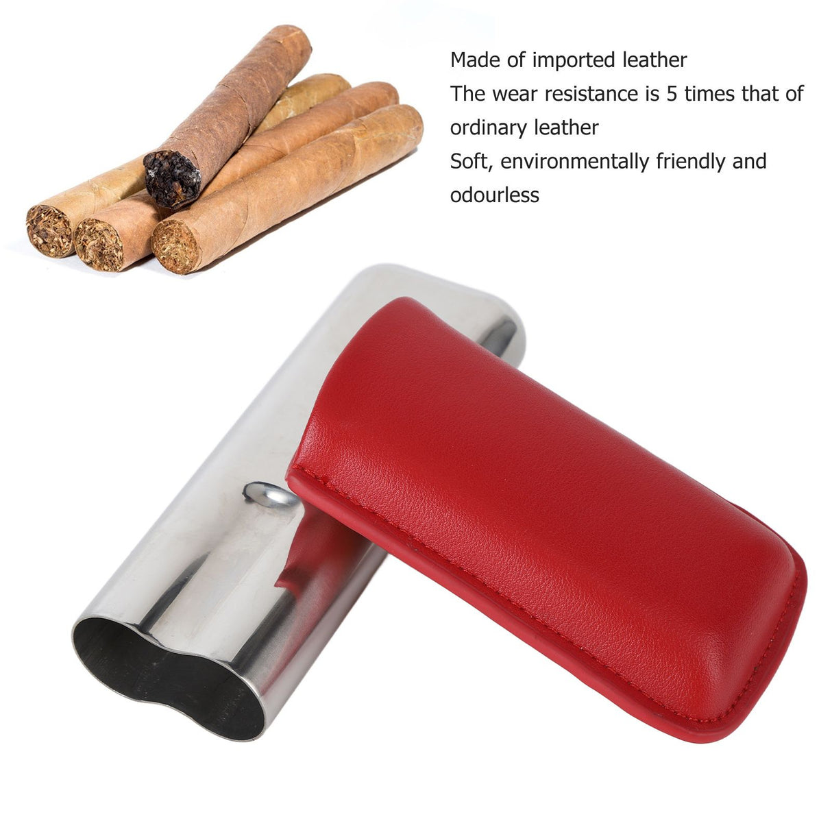 Cigar Case Holder Portable Leather 2 Holder Cigar Case with Stainless Steel Tube for Outdoor Travel Red