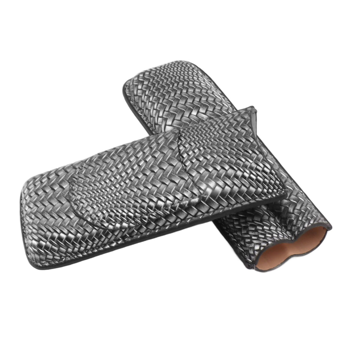Cigar Case Holder Elegant Vintage Style Woven Pattern Leather Portable 2 Holder Cigar Case Silver