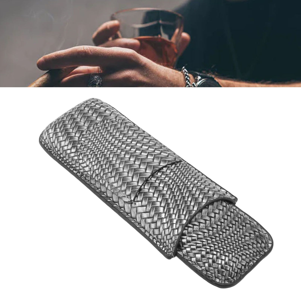 Cigar Case Holder Elegant Vintage Style Woven Pattern Leather Portable 2 Holder Cigar Case Silver