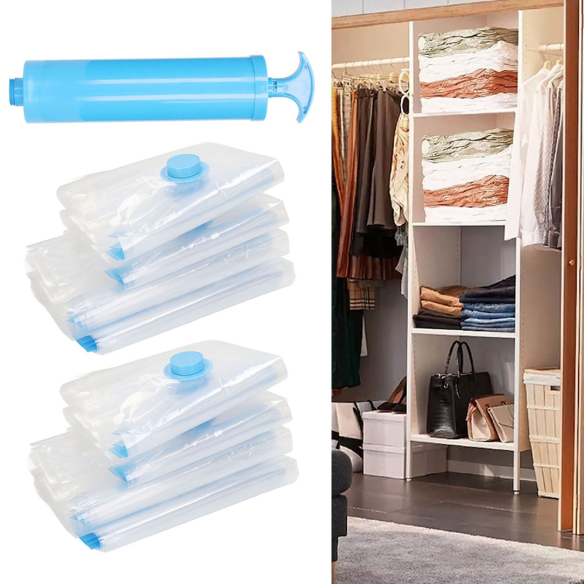 8Pcs Vacuum Compression Bag with 1 Manual Vacuum Air Pump Vacuum Compression Bag Kit