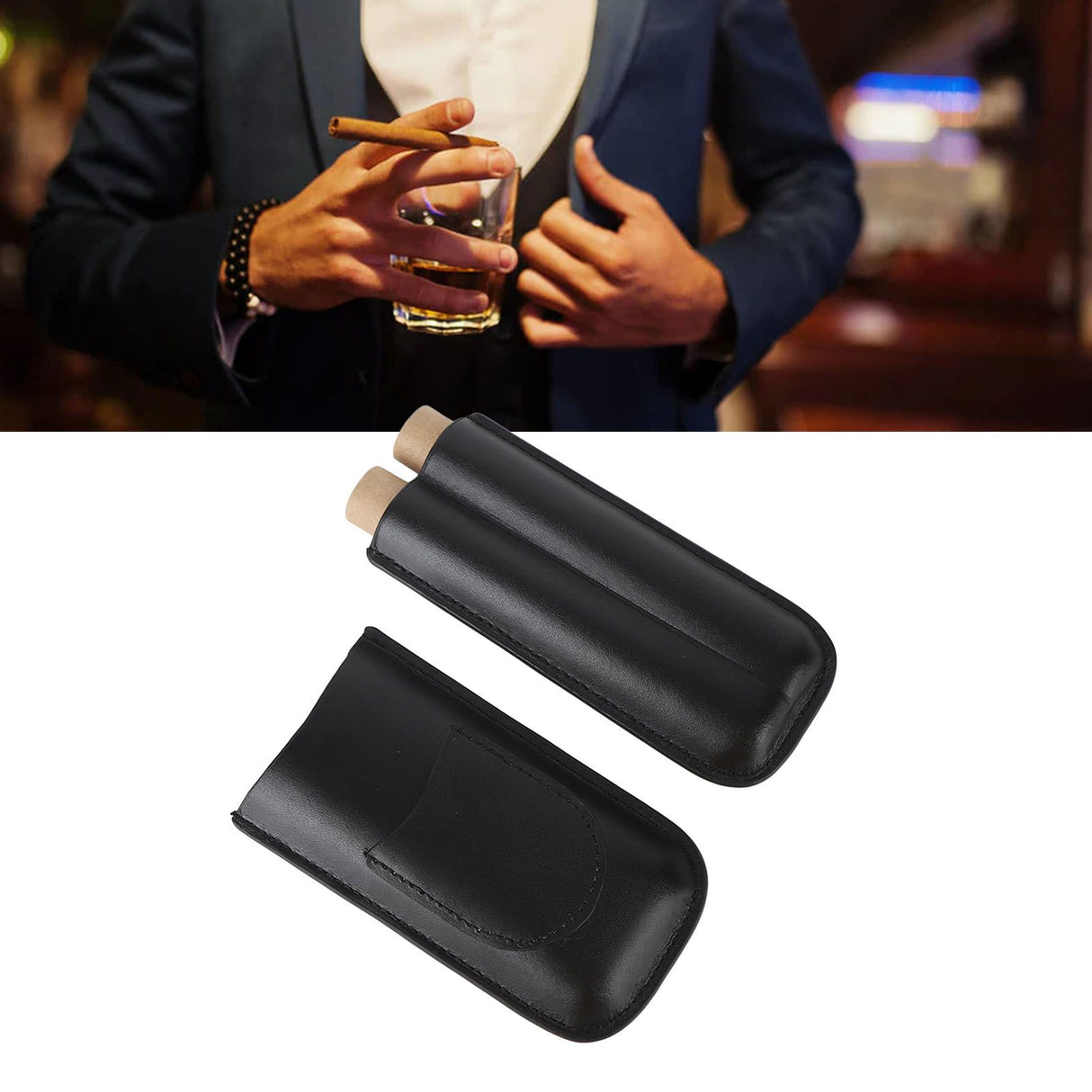 Portable Cigar Bag 2 Holder Leather Humidor Box Cigar Protection Moisturizing Storage Case Black