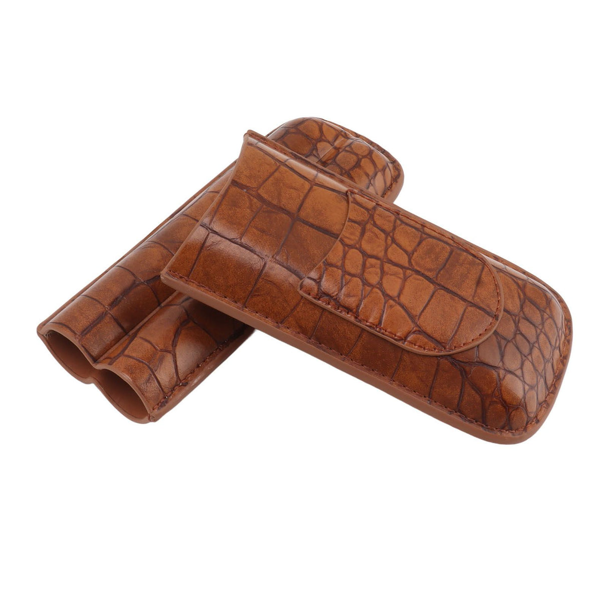 Cigar Case Holder Brown Crocodile Skin Pattern PU Leather 2 Finger Portable Carrying Holder for Travel Anniversary Gifts