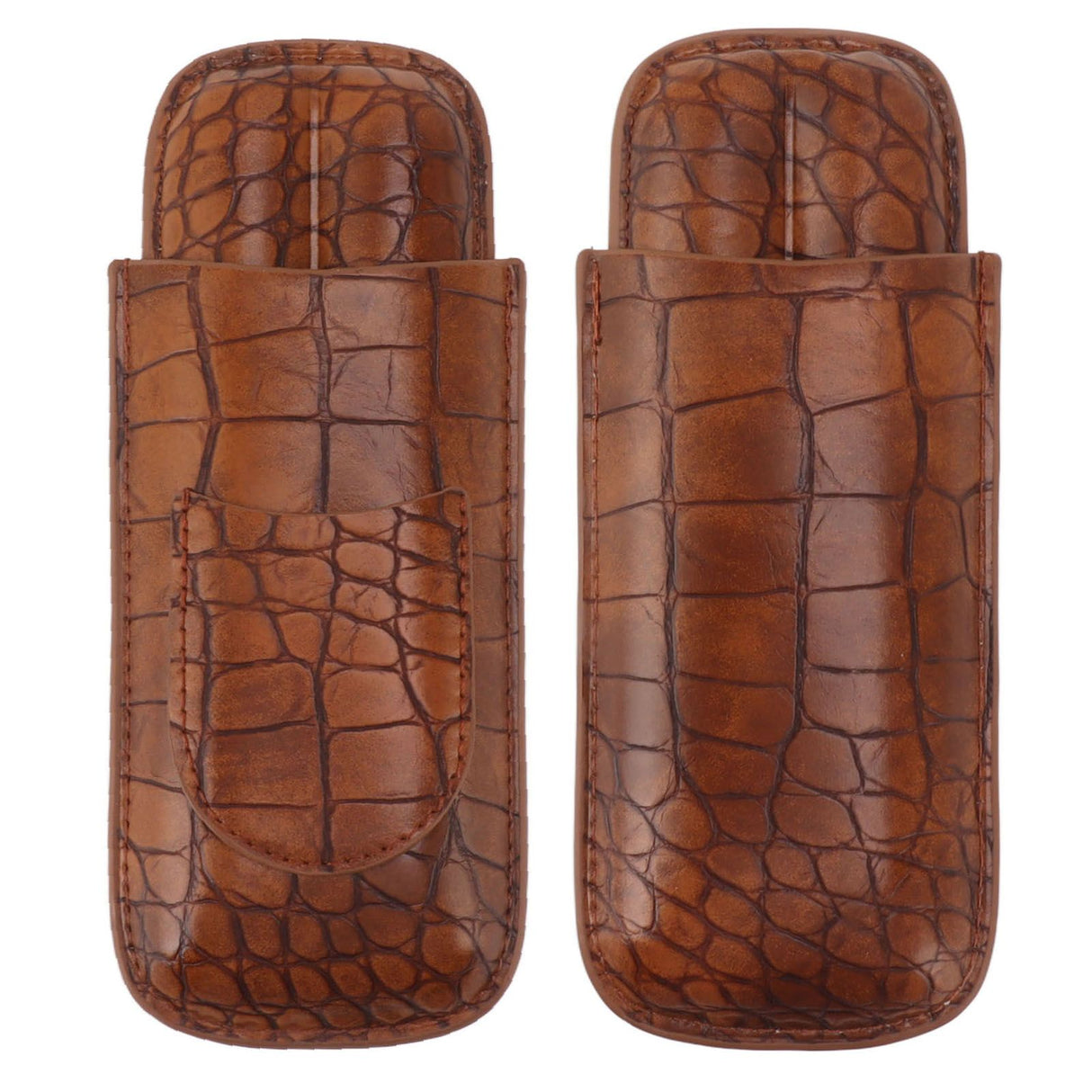 Cigar Case Holder Brown Crocodile Skin Pattern PU Leather 2 Finger Portable Carrying Holder for Travel Anniversary Gifts