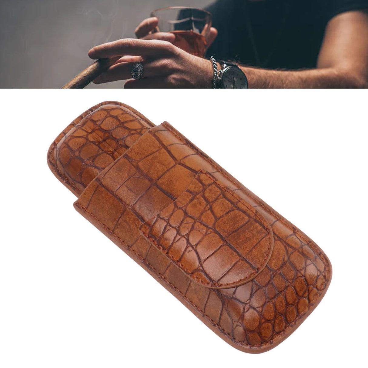 Cigar Case Holder Brown Crocodile Skin Pattern PU Leather 2 Finger Portable Carrying Holder for Travel Anniversary Gifts