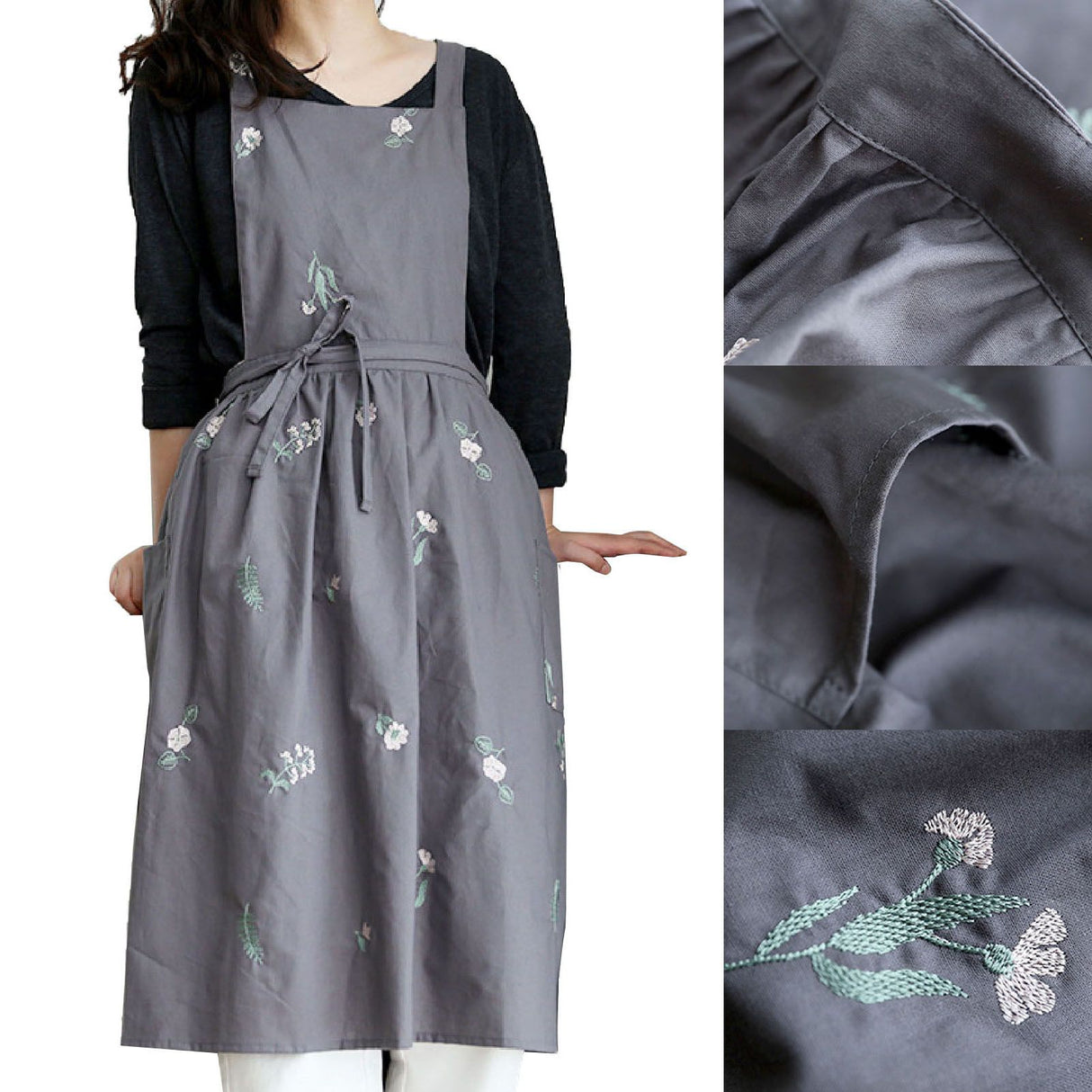 Cooking Apron Flower Embroidery Waterproof Wear Resistant Baking Apron for Coffee Shop Home Dark Grey