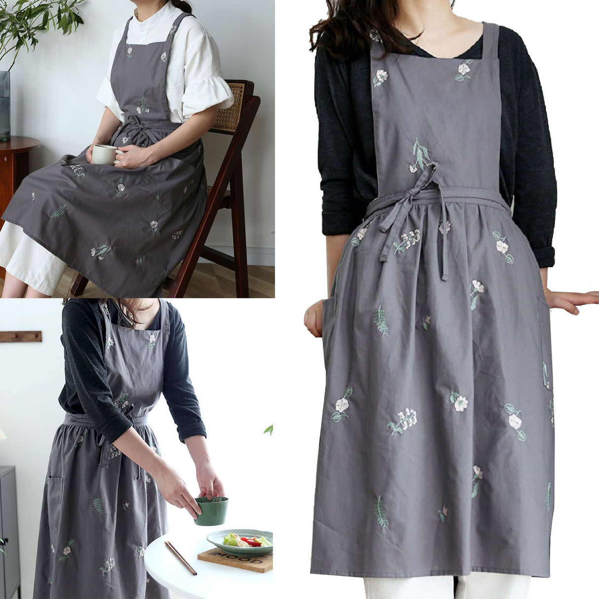 Cooking Apron Flower Embroidery Waterproof Wear Resistant Baking Apron for Coffee Shop Home Dark Grey