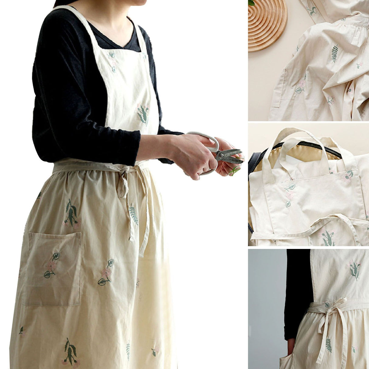 Cooking Apron Flower Embroidery Waterproof Wear Resistant Baking Apron for Coffee Shop Home Cream