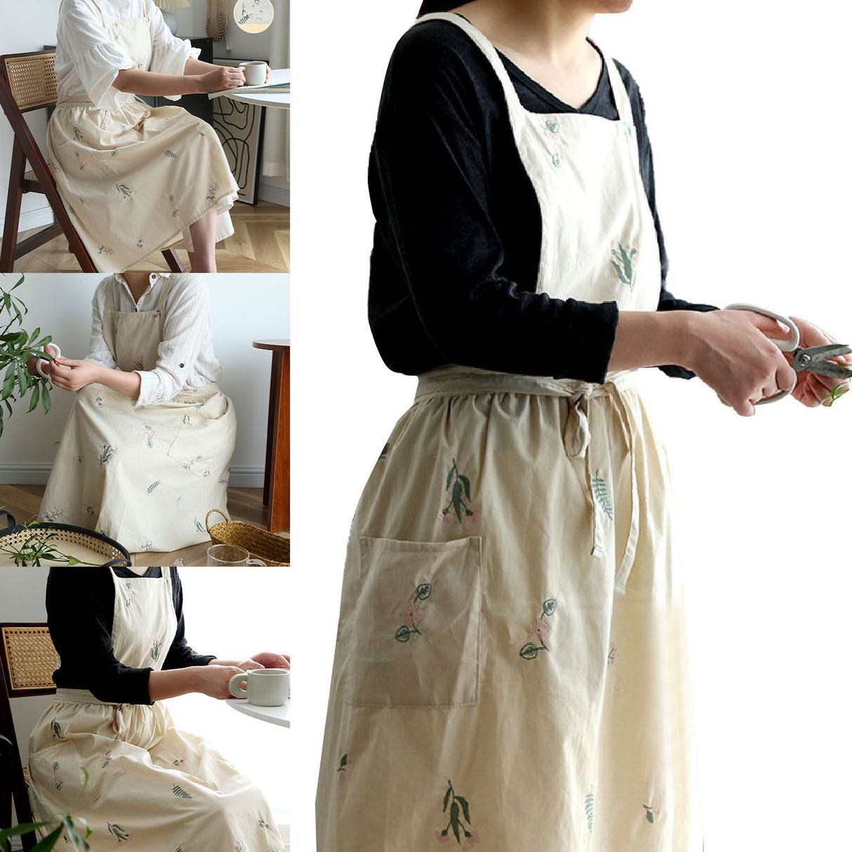 Cooking Apron Flower Embroidery Waterproof Wear Resistant Baking Apron for Coffee Shop Home Cream