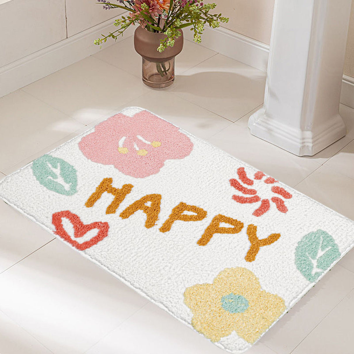 Bath Mat Cute Cartoon Soft Slip Resistance Highly Absorbent Bath Rug for Bathroom Bedroom Kitchen White