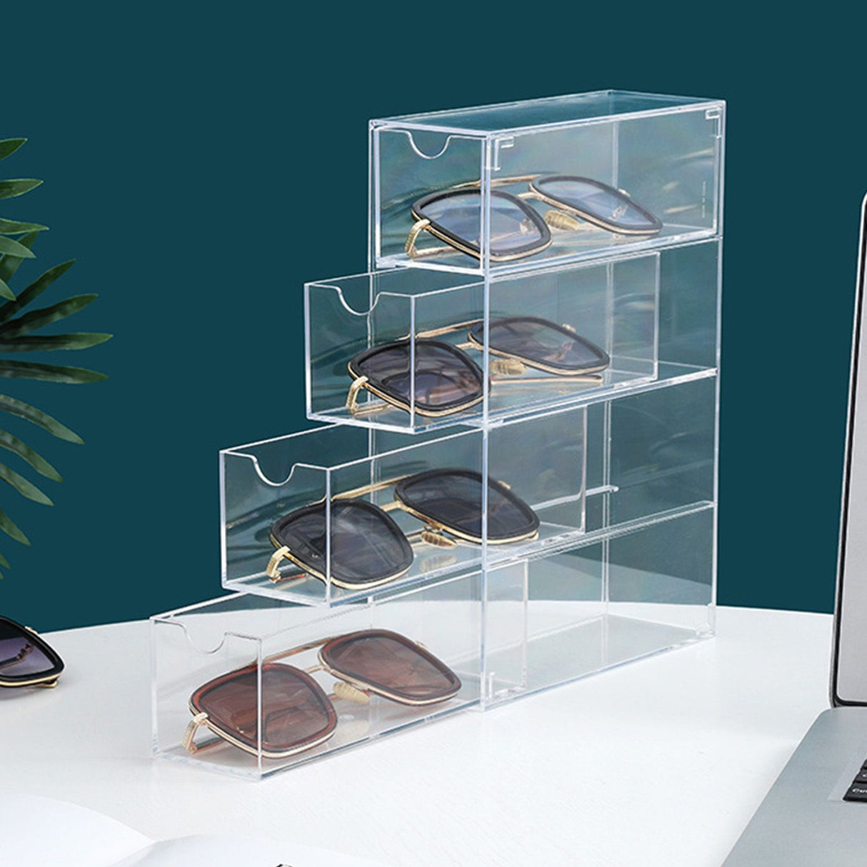 Glasses Storage Box 4 Layers Stackable Transparent Sunglasses Display Organizer for Office Bedroom