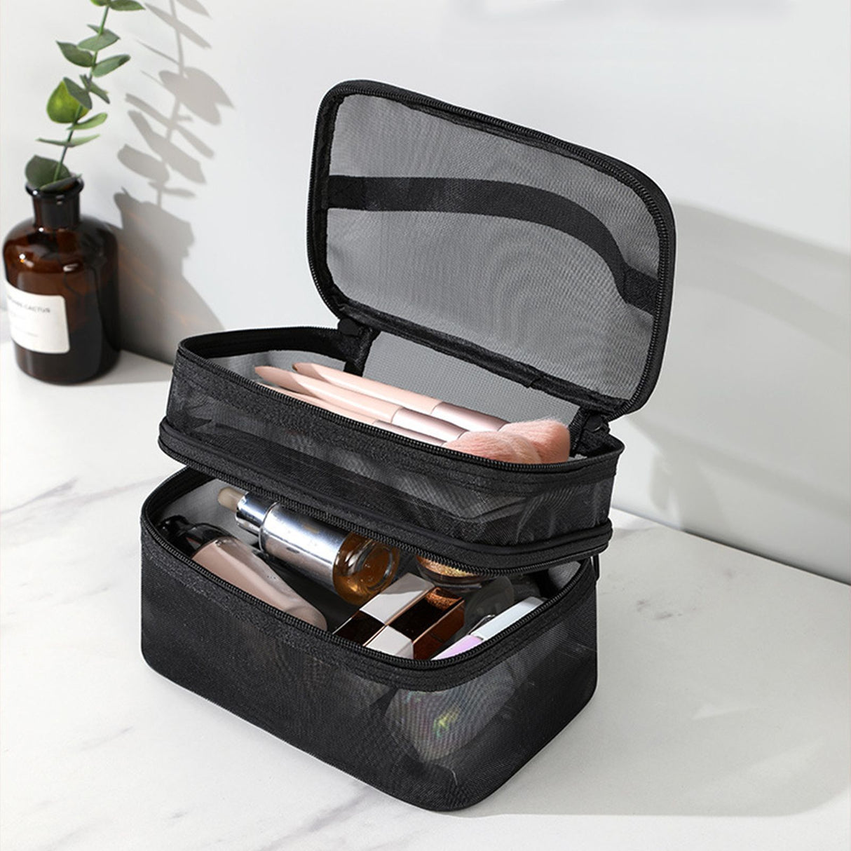 Double Layer Cosmetic Bag Easy Classification Large Capacity Mesh Cosmetic Bag with Sturdy Handle for Travel Black Double Layer