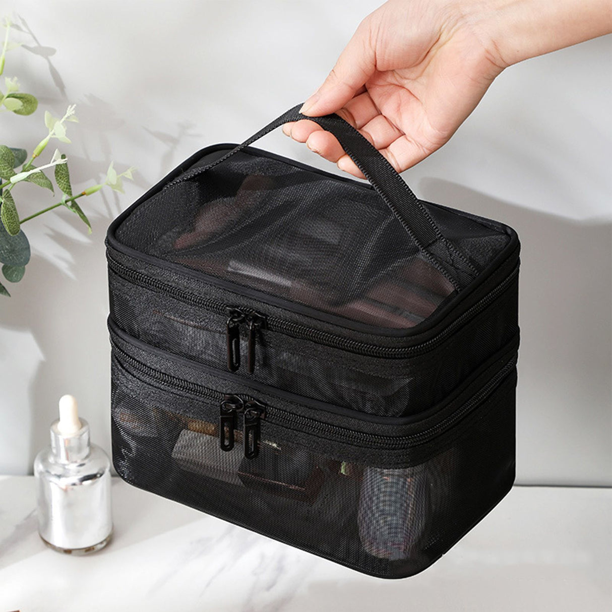 Double Layer Cosmetic Bag Easy Classification Large Capacity Mesh Cosmetic Bag with Sturdy Handle for Travel Black Double Layer