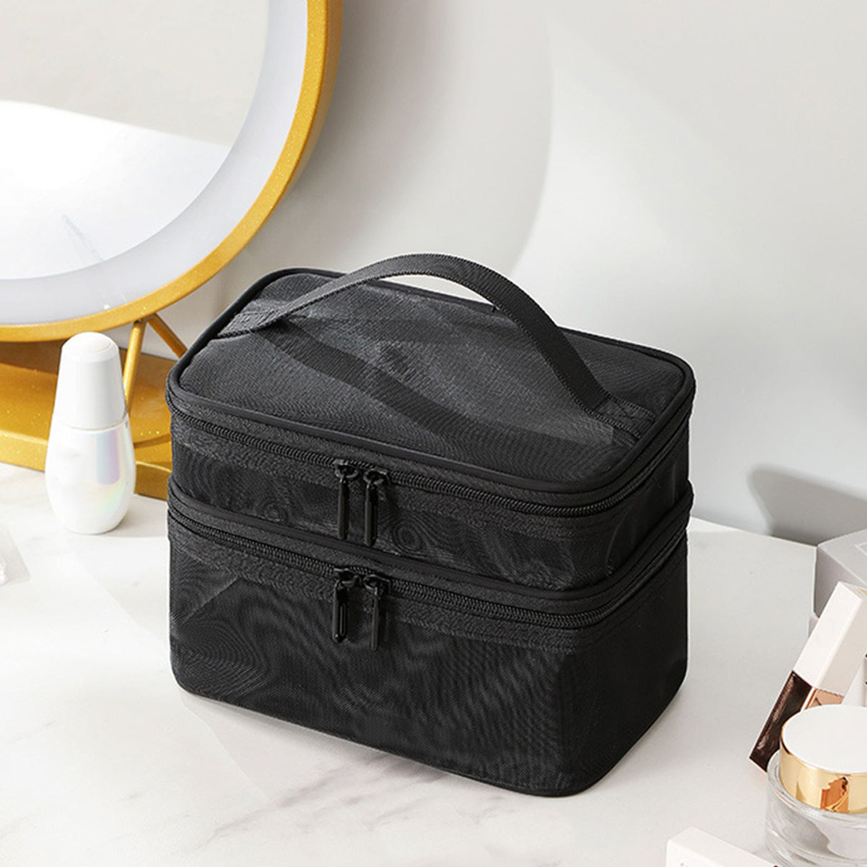 Double Layer Cosmetic Bag Easy Classification Large Capacity Mesh Cosmetic Bag with Sturdy Handle for Travel Black Double Layer