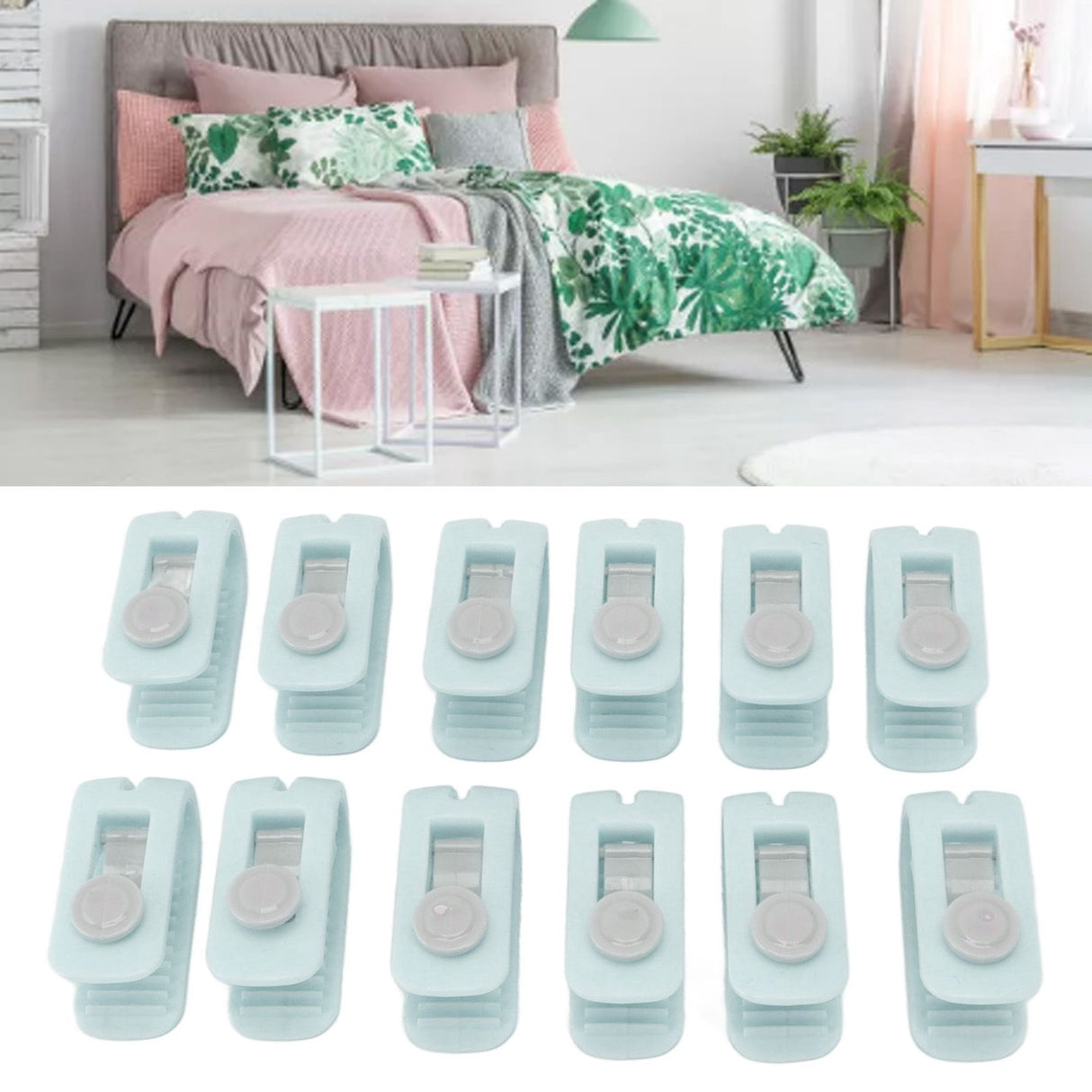 12pcs Bed Sheet Clips Prevent Slip Needleless Safe 180 Degree Closure Universal Quilt Cover Fastener for Home Green