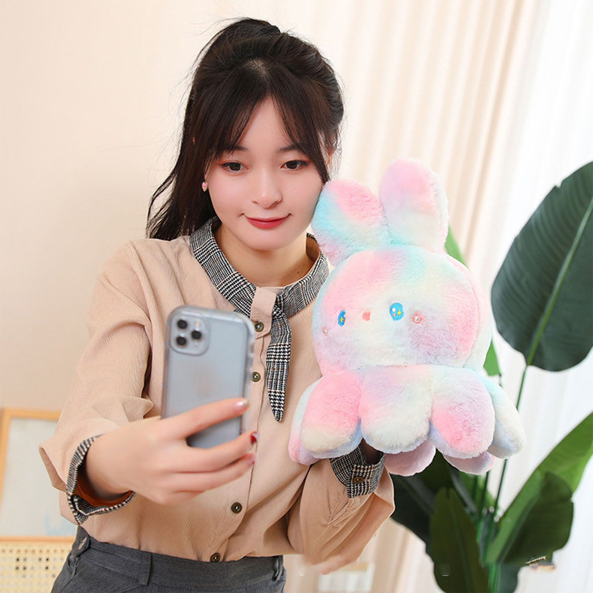 Reversible Octopus Doll Gradient Color Cute Bunny Ear Octopus Plush Toy Double Sided Stuffed Animal Pink Purple 20cm/7.9in