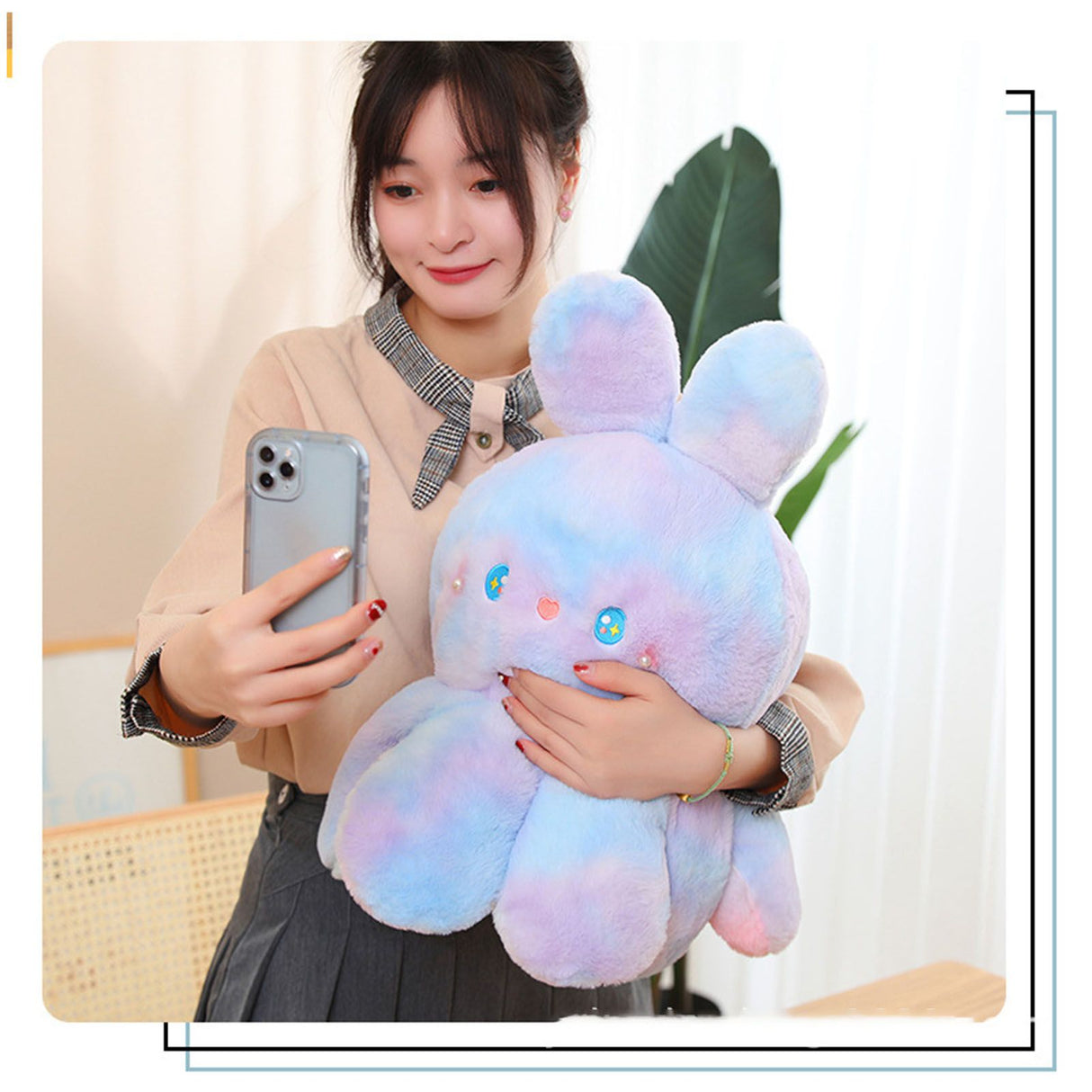 Reversible Octopus Doll Gradient Color Cute Bunny Ear Octopus Plush Toy Double Sided Stuffed Animal Pink Purple 20cm/7.9in