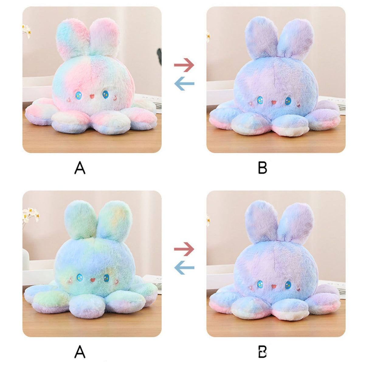 Reversible Octopus Doll Gradient Color Cute Bunny Ear Octopus Plush Toy Double Sided Stuffed Animal Pink Purple 20cm/7.9in