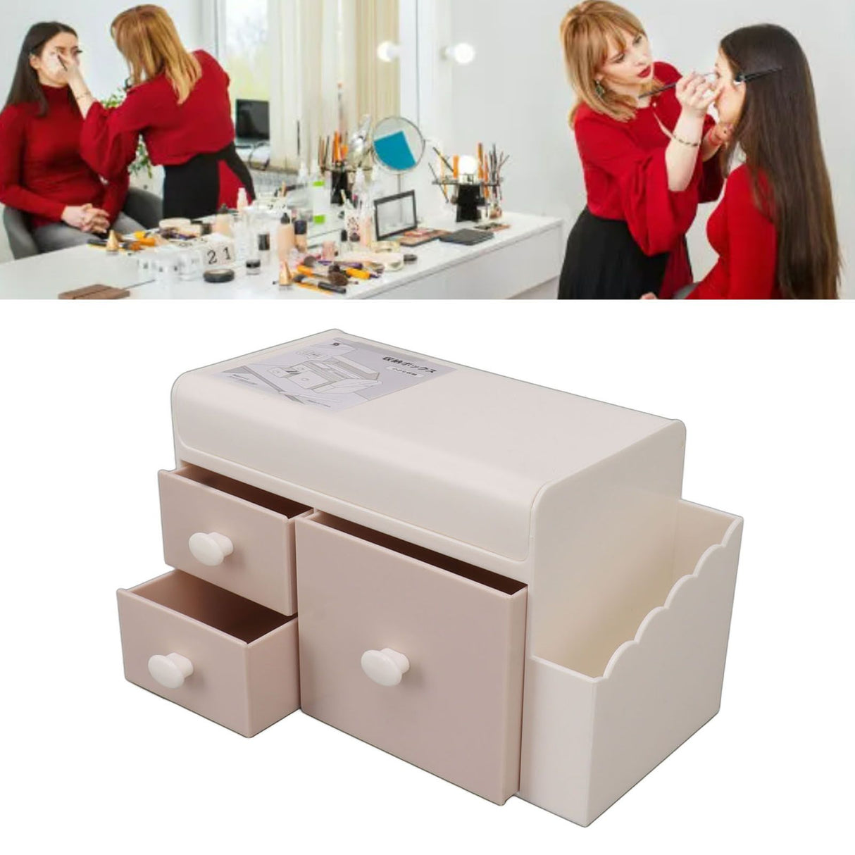 Desktop Storage Box with 3 Drawers Side Holder Plastic Container for Cosmetic Jewelry Sundries Pink