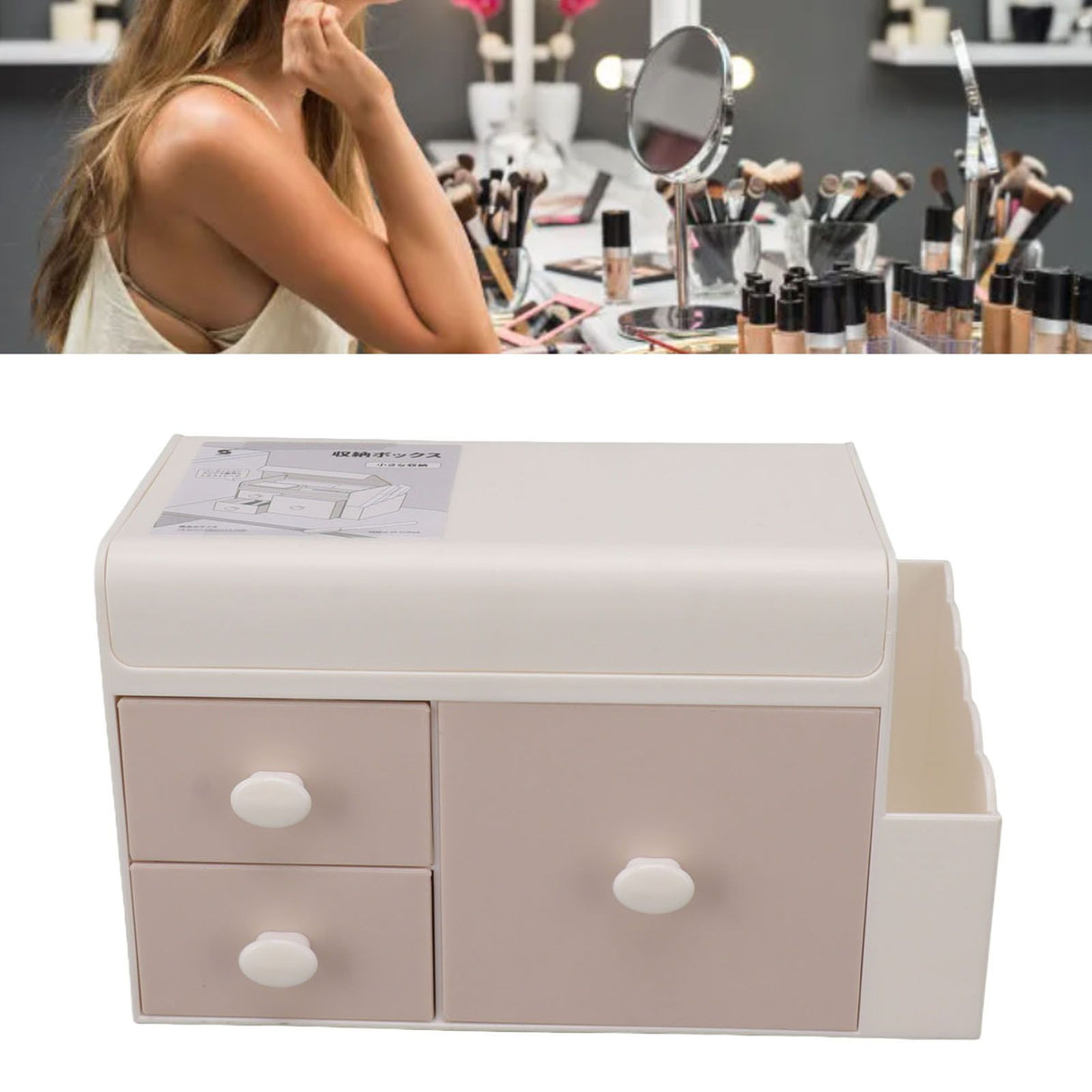 Desktop Storage Box with 3 Drawers Side Holder Plastic Container for Cosmetic Jewelry Sundries Pink