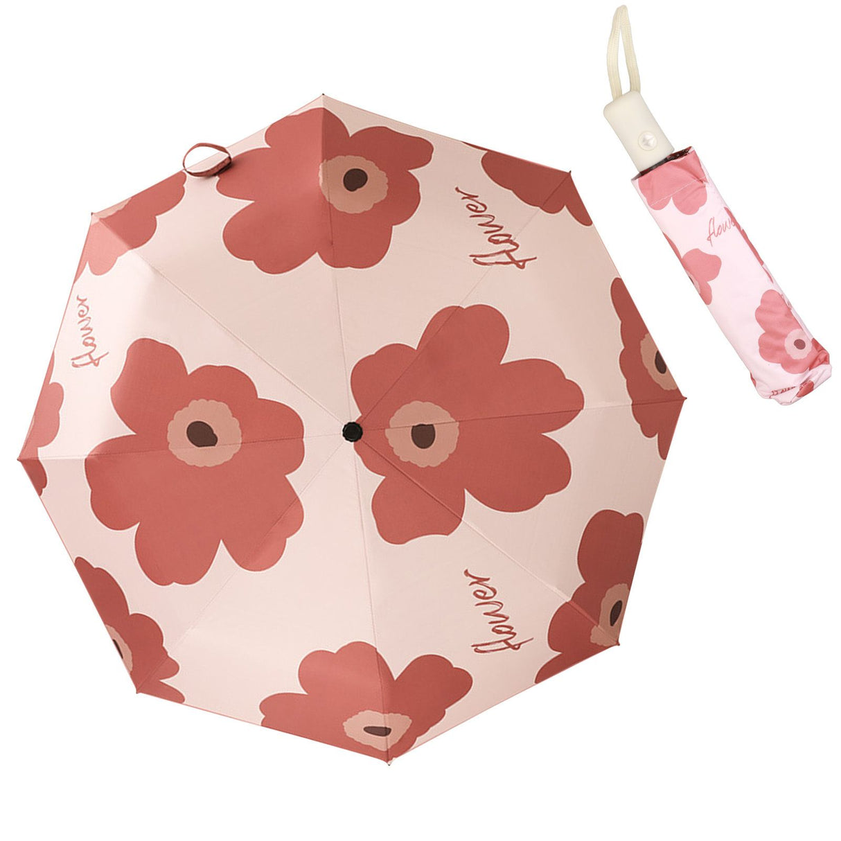 Flower Pattern Folding Umbrella UV Protection Foldable Rain Shine Dual Use Sun Umbrella for Travelling Red