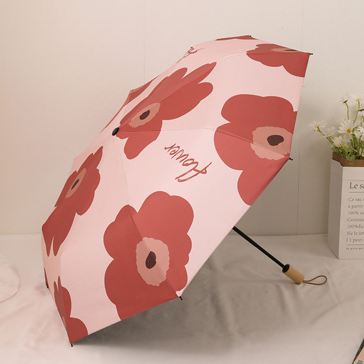 Flower Pattern Folding Umbrella UV Protection Foldable Rain Shine Dual Use Sun Umbrella for Travelling Red