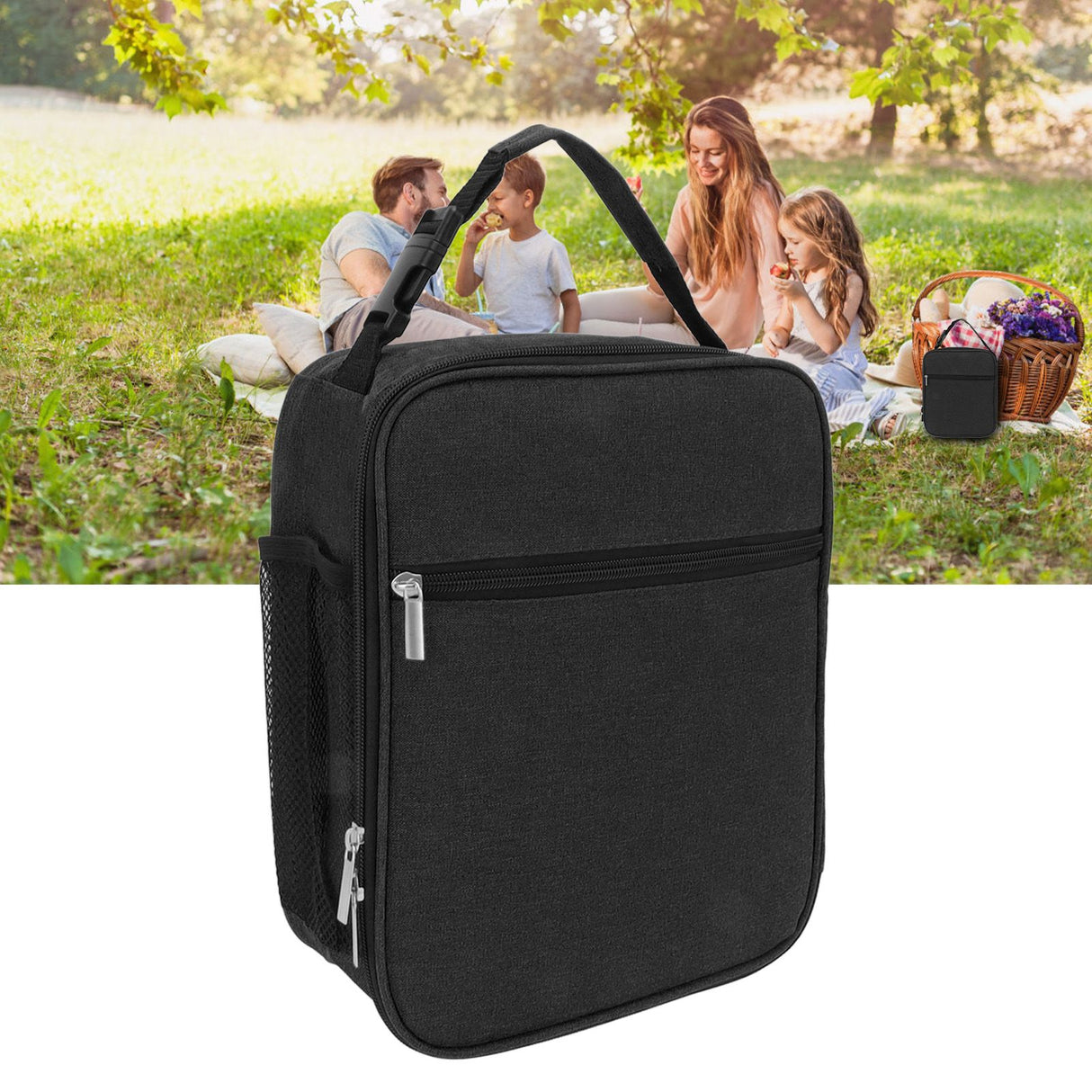Insulated Lunch Bag 6L Oxford Fabric Leakproof Lining Portable Handle Zippered Lunch Bag for Outdoor Camping Beach Black