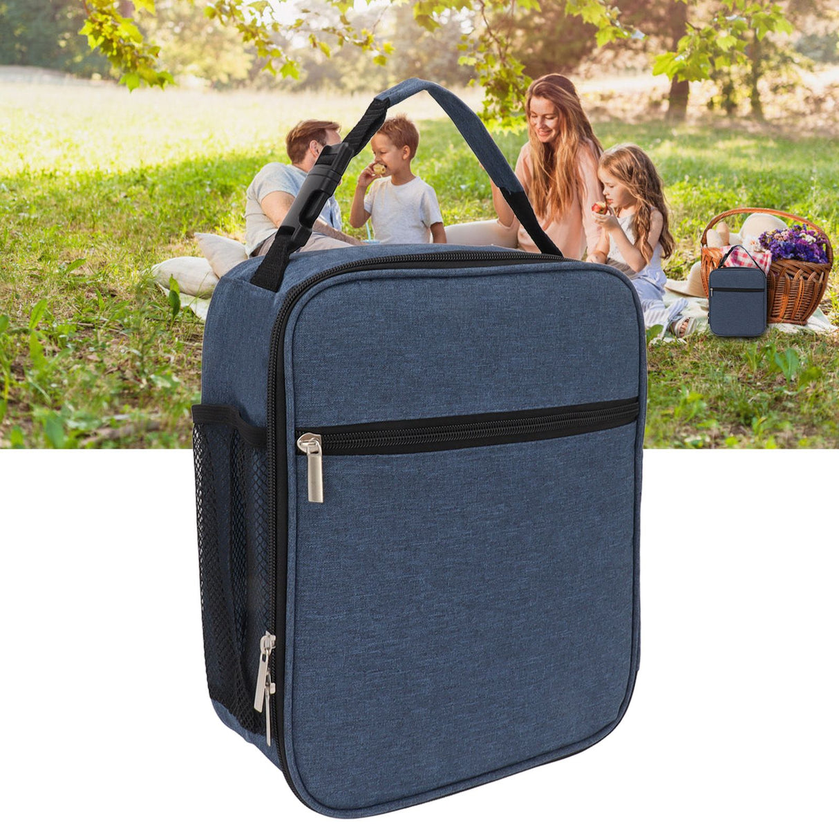 Insulated Lunch Bag 6L Oxford Fabric Leakproof Lining Portable Handle Zippered Lunch Bag for Outdoor Camping Beach Navy Blue