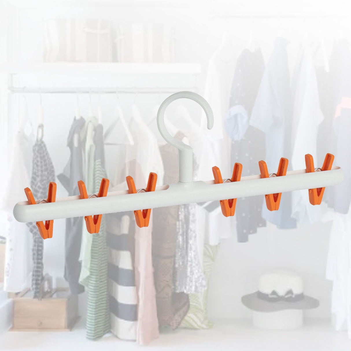 Plastic Sock Clips Drying Rack 6 Clips Prevent Tangle 360 Degree Rotatable Multifunctional Laundry Hanger for Home White Orange