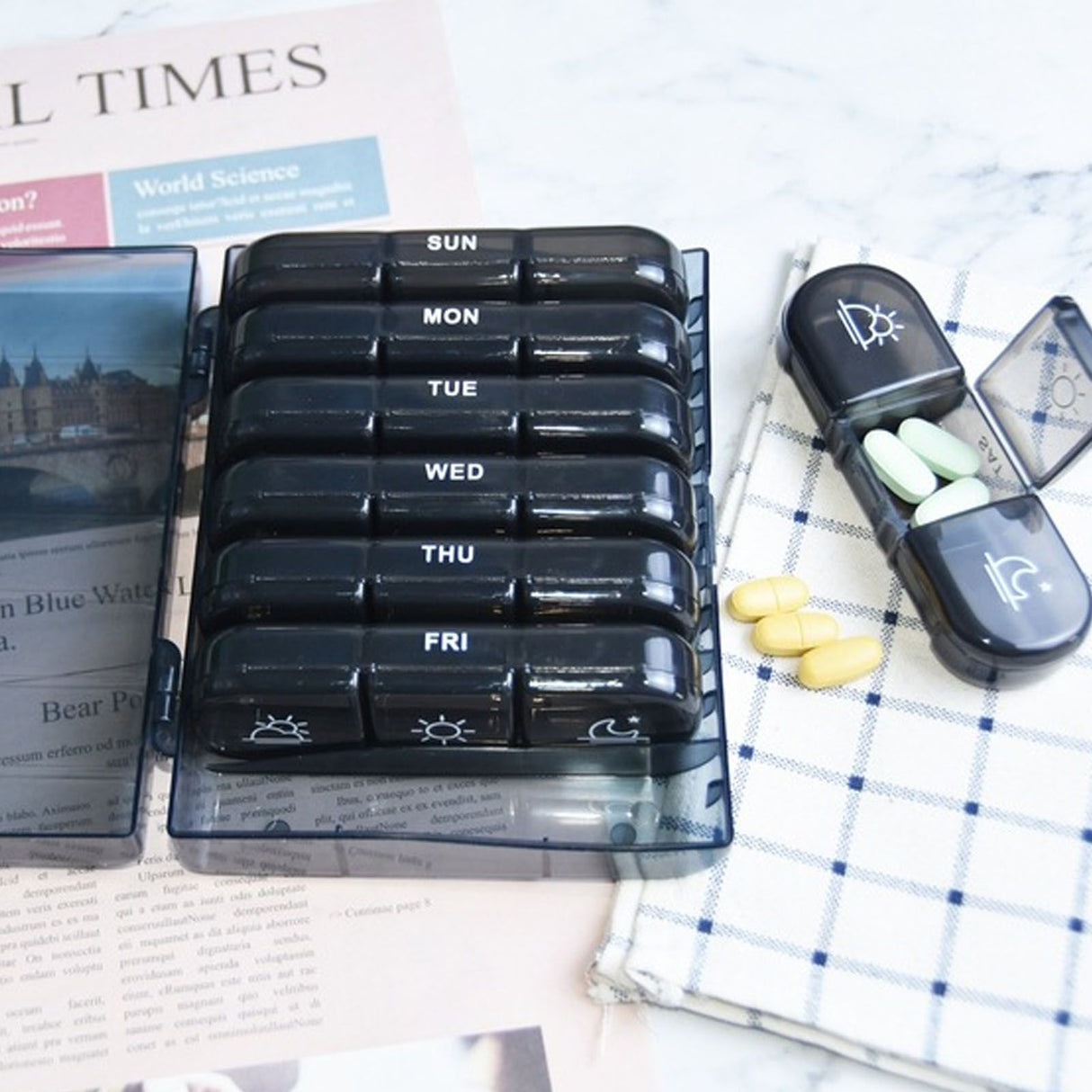 3 Times A Day 7 Day Pill Organizer 21 Grid Portable Pill Organizer Travel Medicine Container Black Black Shell