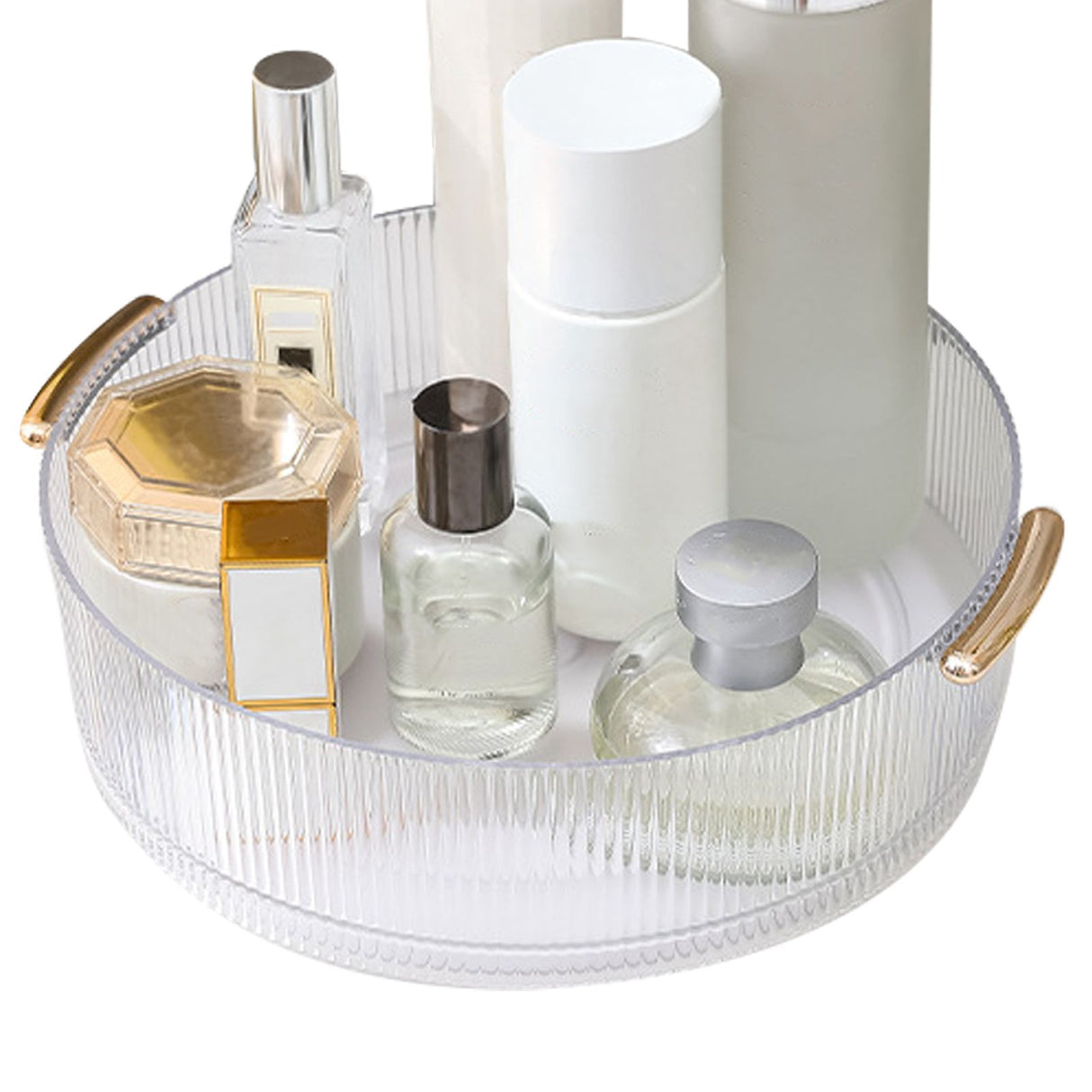 360 Rotating Cosmetic Organizer Texture Storage Rotating Makeup Desk Organizer with Handle for Bathroom Washroom Transparent