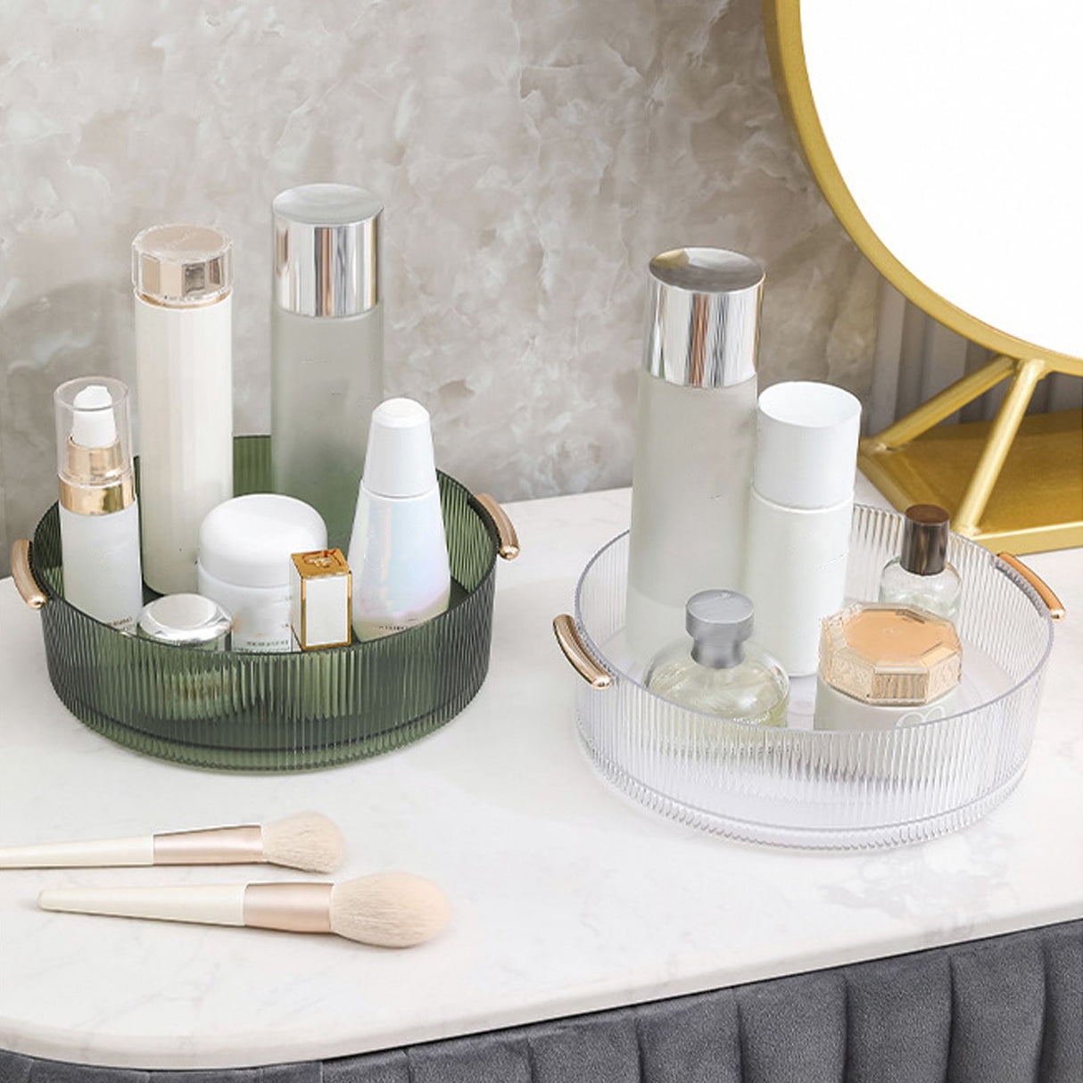360 Rotating Cosmetic Organizer Texture Storage Rotating Makeup Desk Organizer with Handle for Bathroom Washroom Transparent