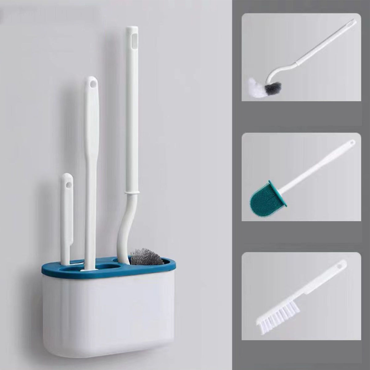 4 Pieces Toilet Bowl Brush Set Punch Free Wall Mounted Toilet Brush Holder with 3 Brush for Bathroom Blue