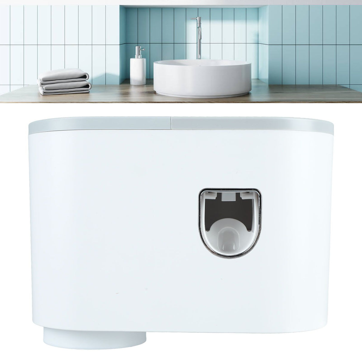 Wall Toothbrush Holder Top Storage Tray Adhesive Wall Mounted Toothbrush Rack with Toothpaste Dispenser for Bathroom