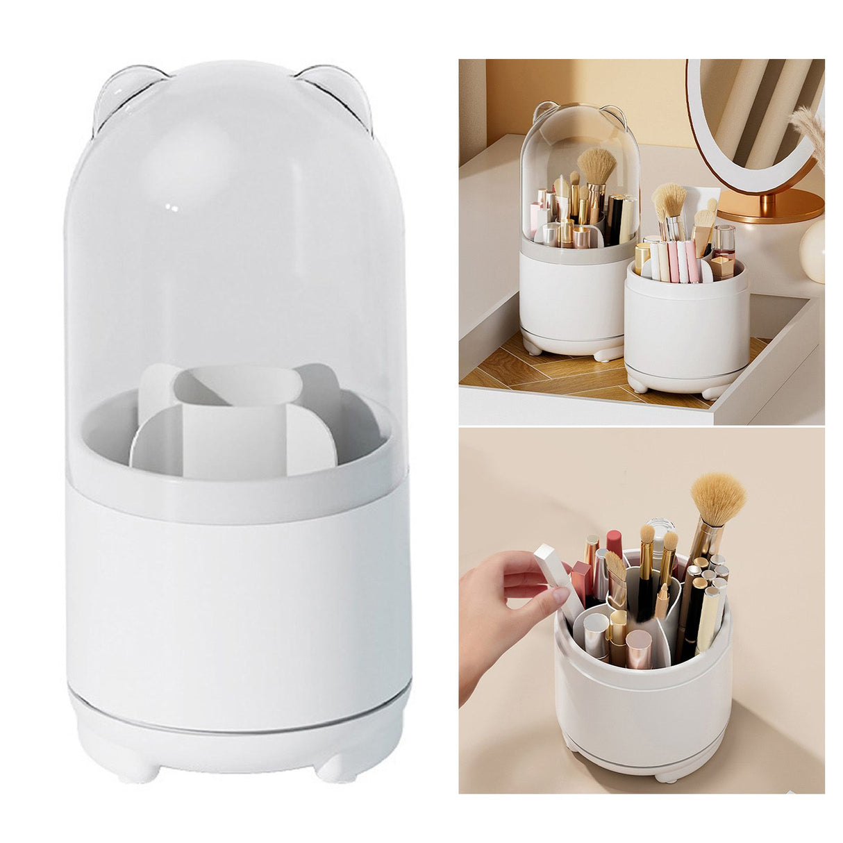 Makeup Brush Storage Container 360 Degree Rotating Dust Prevention Transparent Lid Large Capacity Makeup Brush Holder White